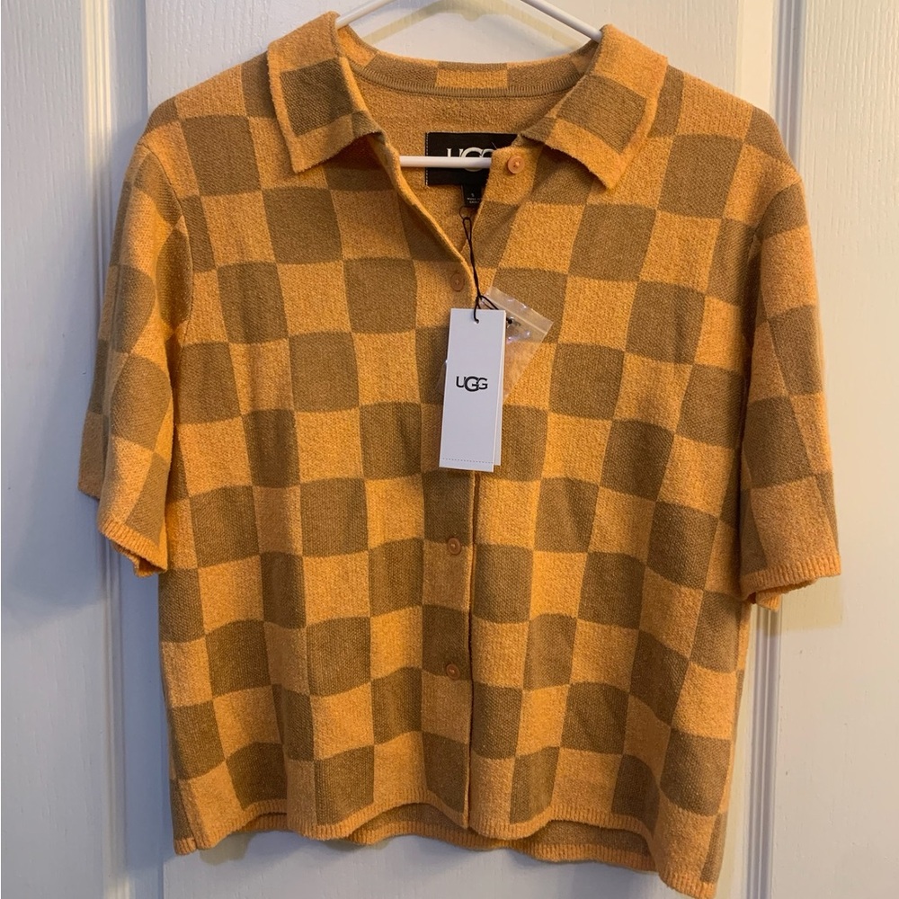 UGG Checkered Orange and Brown Knit Jeannie Button Up Sweater Top Size Small NWT - Picture 3 of 6